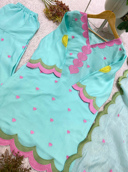 aqua blue heart embroidery top salwar dupatta flat lay