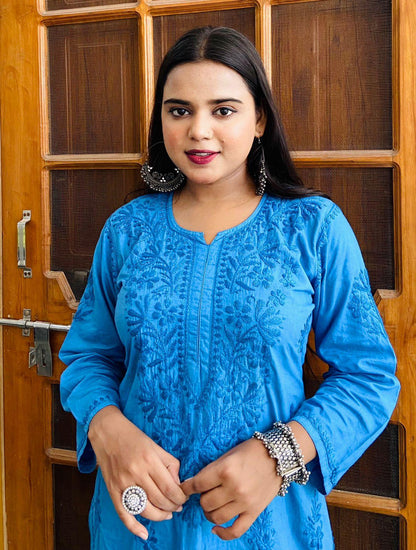 Aqua Blue Lucknowi Rose Elegance Chikankari Cotton Kurti & Coordinated Set ++ Sizes available - Inayakhan Shop 