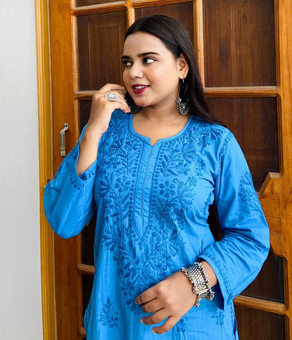 Aqua Blue Lucknowi Rose Elegance Chikankari Cotton Kurti & Coordinated Set ++ Sizes available - Inayakhan Shop 