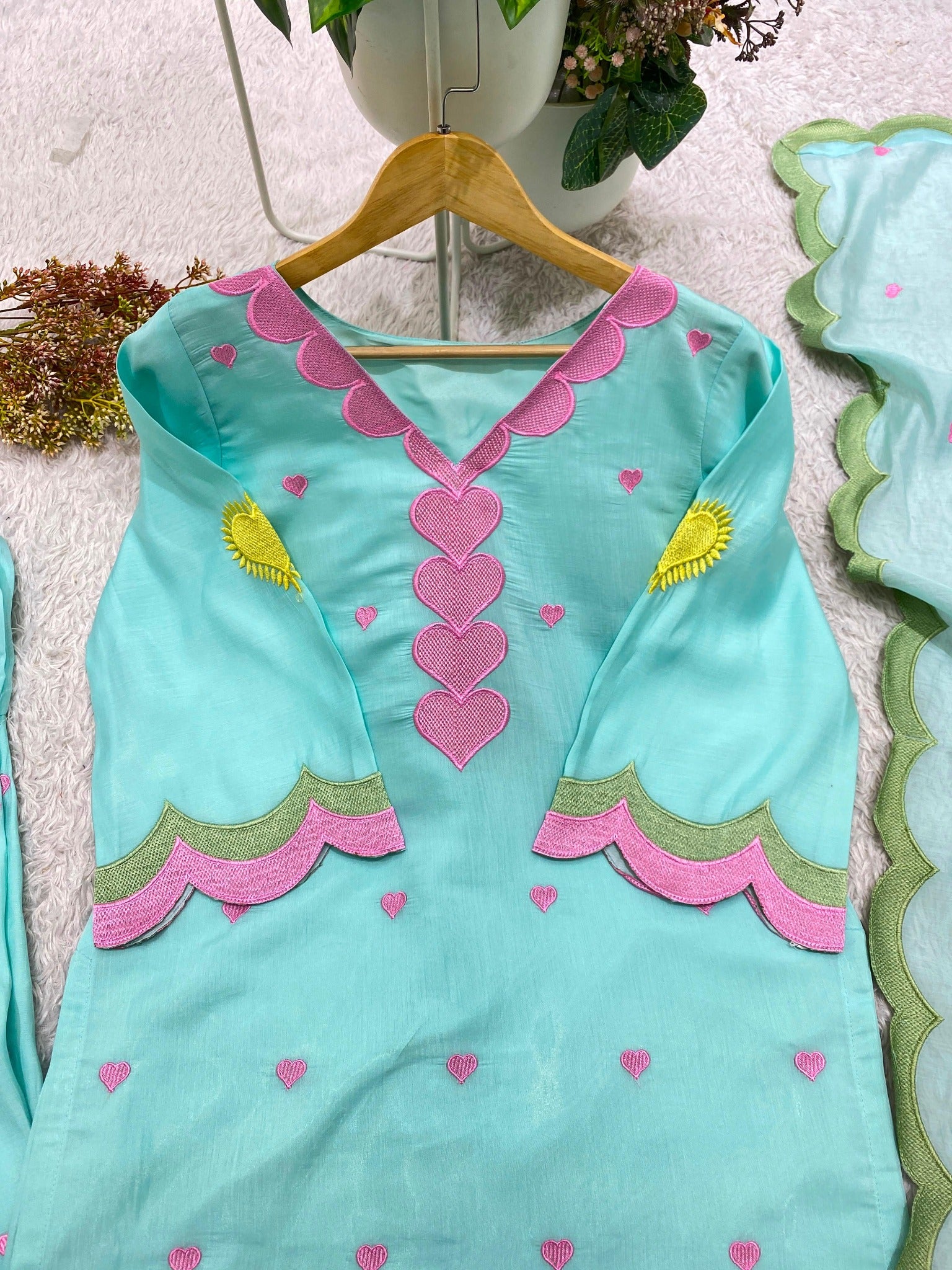 aqua blue Mul Chanderi top neckline and sleeve embroidery detail
