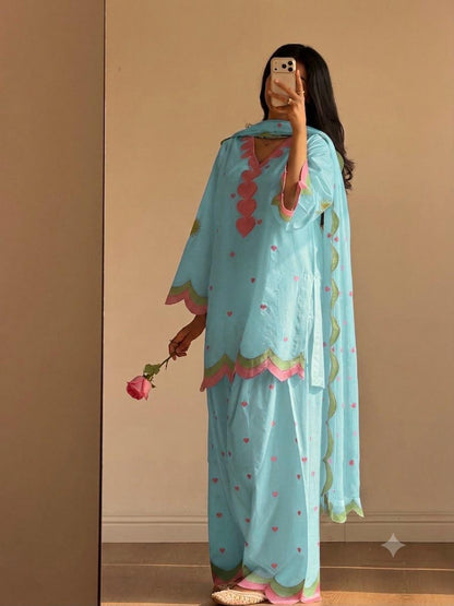 aqua blue Mul Chanderi embroidered top salwar dupatta set model front