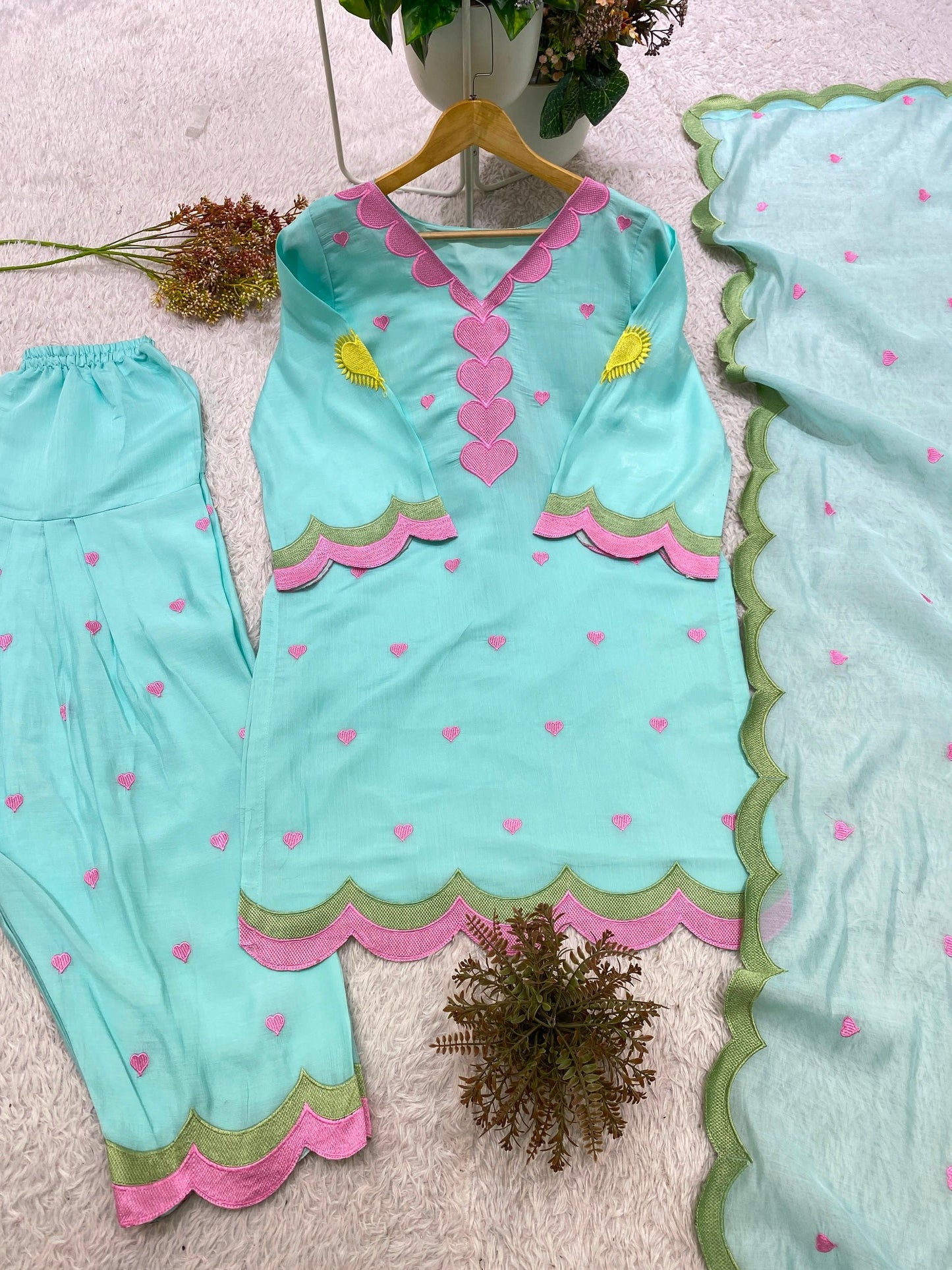 aqua blue Mul Chanderi top salwar and dupatta complete set