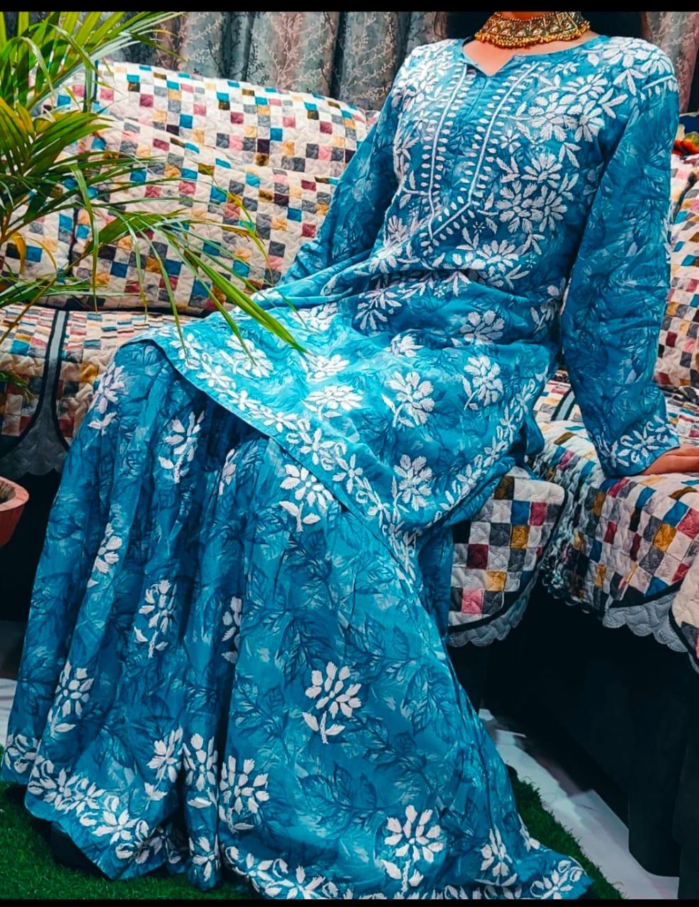 Aqua Blue Mulmul Floral Printed Lucknow Chikankari Kurti & Gharara Set - Inayakhan Shop 