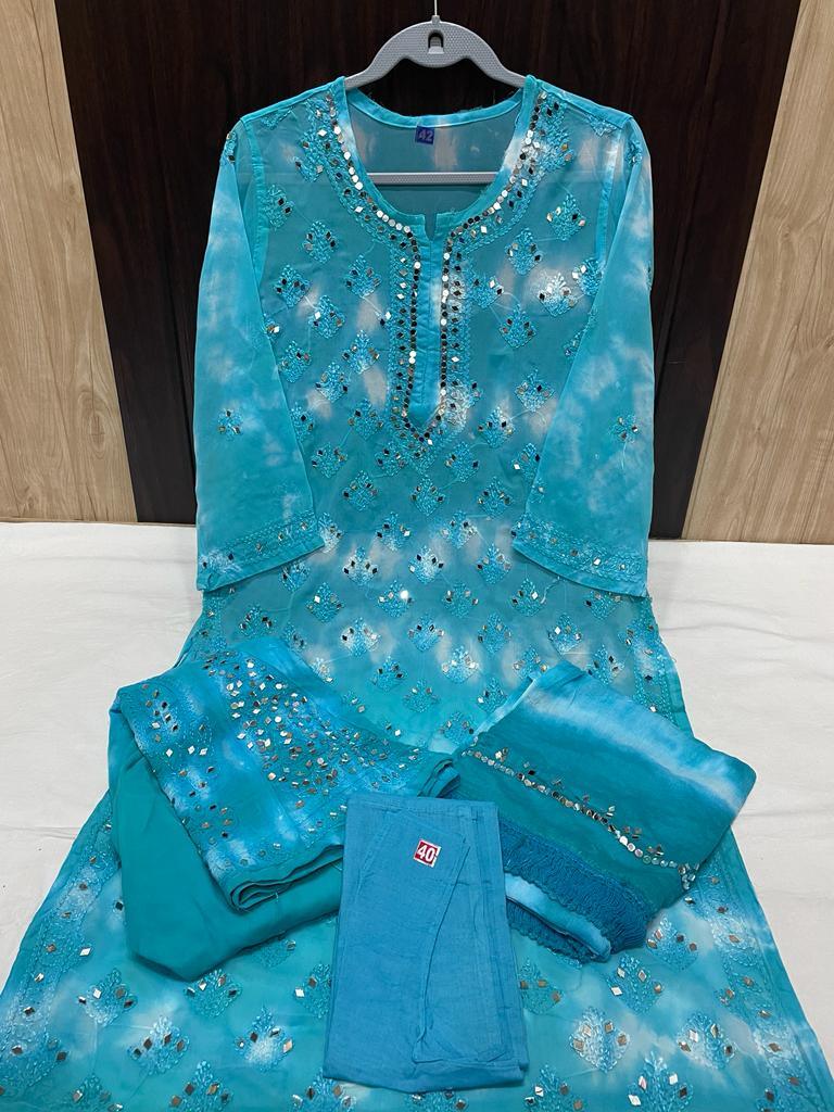 Aqua Blue Reflections Tie Dye 3-Piece Chikankari Mirror Set with Inner Delight - Inayakhan Shop 