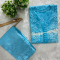 Aqua Blue Tie n Dye Chikankari Cotton Set with Stretchable Lycra Machine Pant