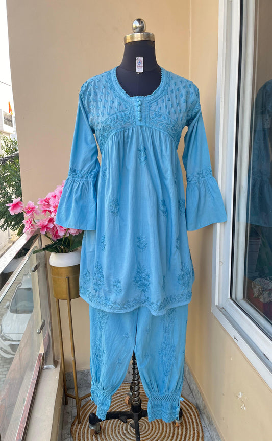 Aqua Blue Vibrant Dyeable Mul Mul Cotton Kurti & Afgani Pant Cord Set (Premium Quality) - Inayakhan Shop 