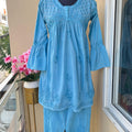 Aqua Blue Vibrant Dyeable Mul Mul Cotton Kurti & Afgani Pant Cord Set (Premium Quality)