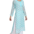 Aqua Chikankari Elegance: Long Chiffon Kurti Set