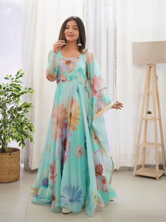 Aqua Green 🌟 Opulent Organza Silk Gown with Digital Print and Handwork 🌟 - Inayakhan Shop 