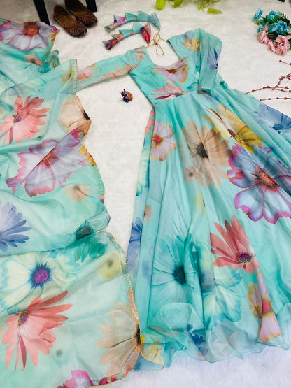Aqua Green 🌟 Opulent Organza Silk Gown with Digital Print and Handwork 🌟 - Inayakhan Shop 