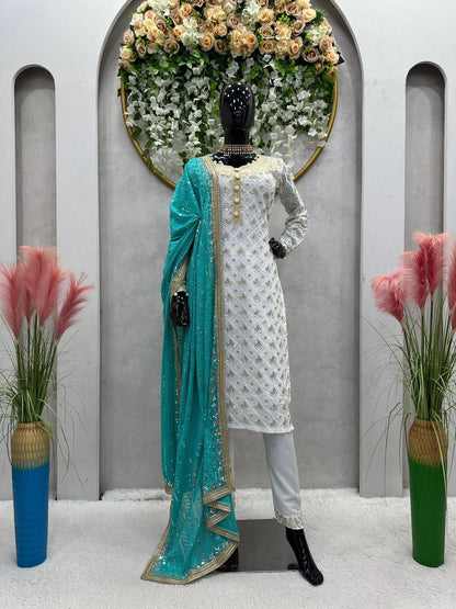 Aqua Green Pakistani Style Salwar Kameez with Mirror Work and Sequins Dupatta - Inayakhan Shop 
