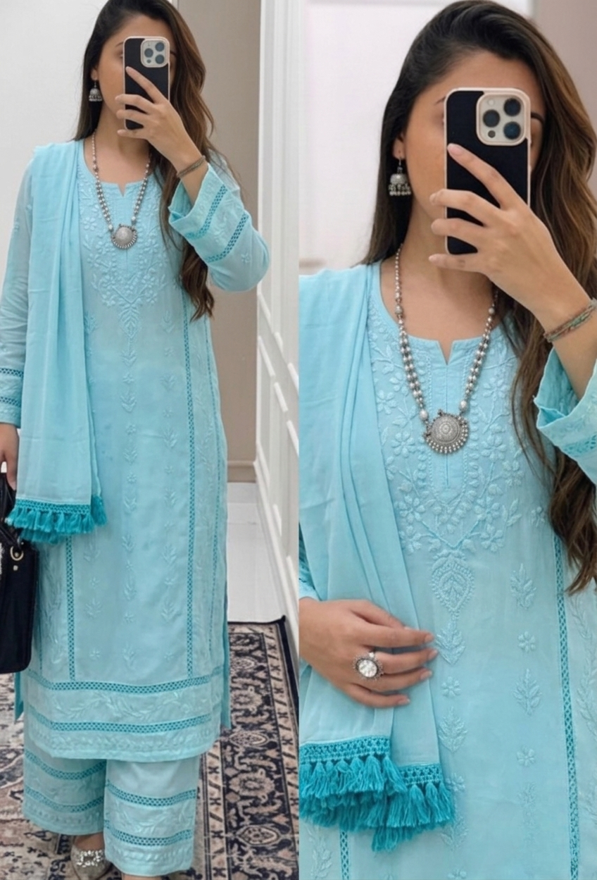Aqua Blue Aura Luxe: Premium Rayon 3-Piece Lucknowi Chikankari Ensemble