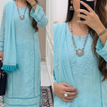 Aqua Blue Aura Luxe: Premium Rayon 3-Piece Lucknowi Chikankari Ensemble