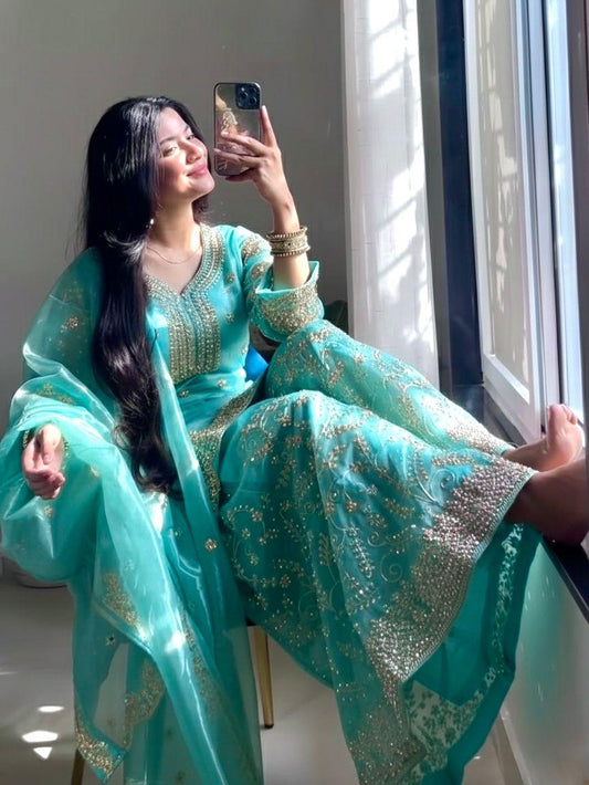 Aqua Green Ethereal Silk Embroidered Ensemble Eid Special