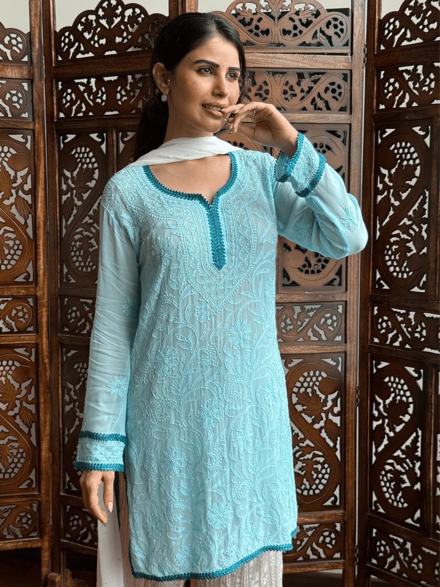Aqua Blue Premium Resham Viscose Jall Short Kurti