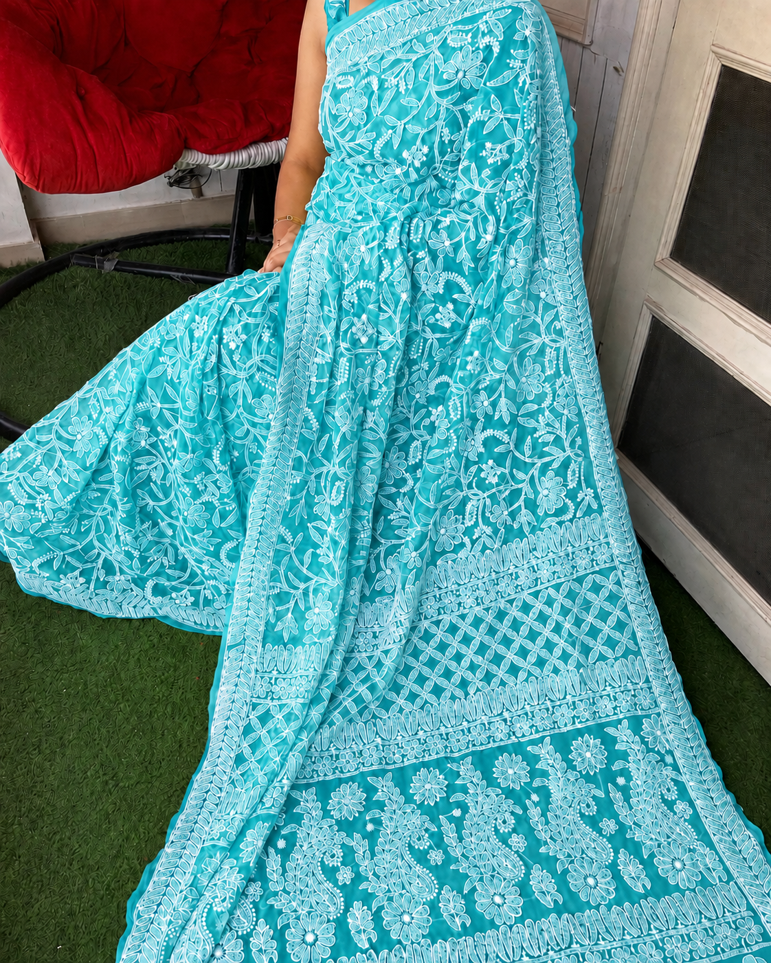 Aqua Blue Full Jaal Chikankari Saree by Inayakhan (New)