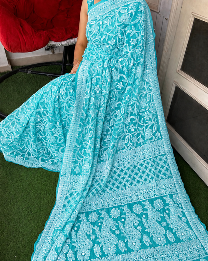 Aqua Blue Full Jaal Chikankari Saree by Inayakhan (New)