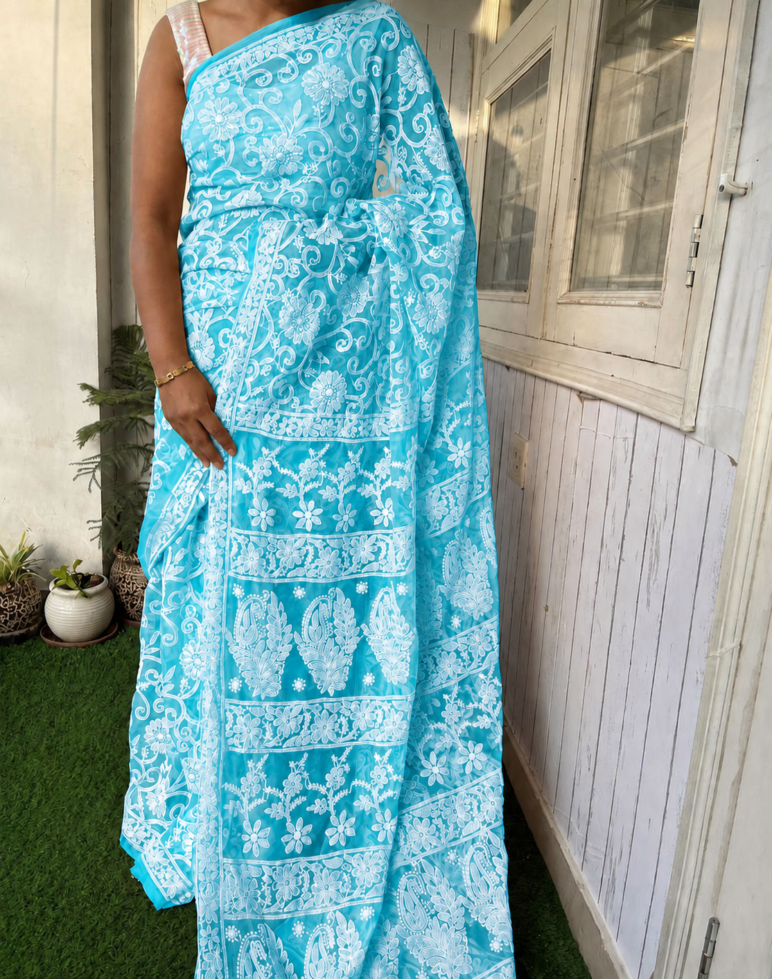 Aqua Blue Full Jaal Chikankari Saree by Inayakhan (New)