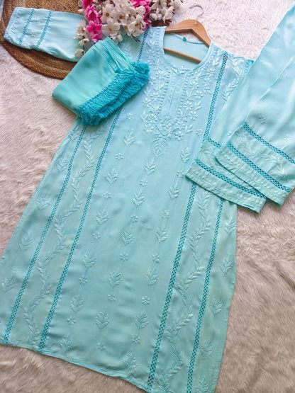 Aqua Blue Aura Luxe: Premium Rayon 3-Piece Lucknowi Chikankari Ensemble