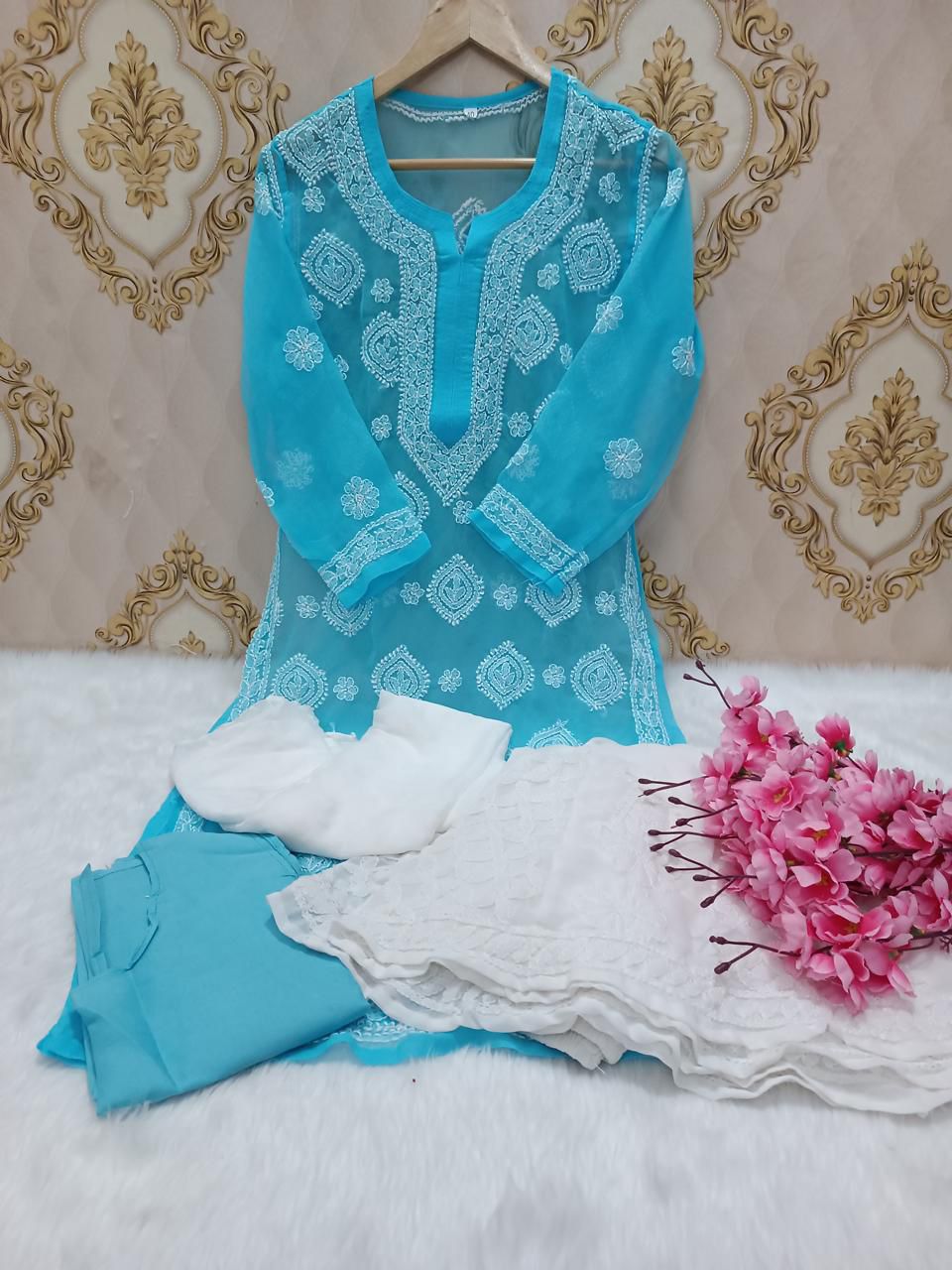 Aqua Blue Lucknawi Chikankari Georgette Full Jaal Sharara 4 Pc Set