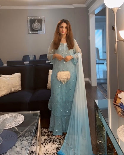 Marina Aqua blue Ombré Georgette Lucknow Chikankari Mirror Sharara Set