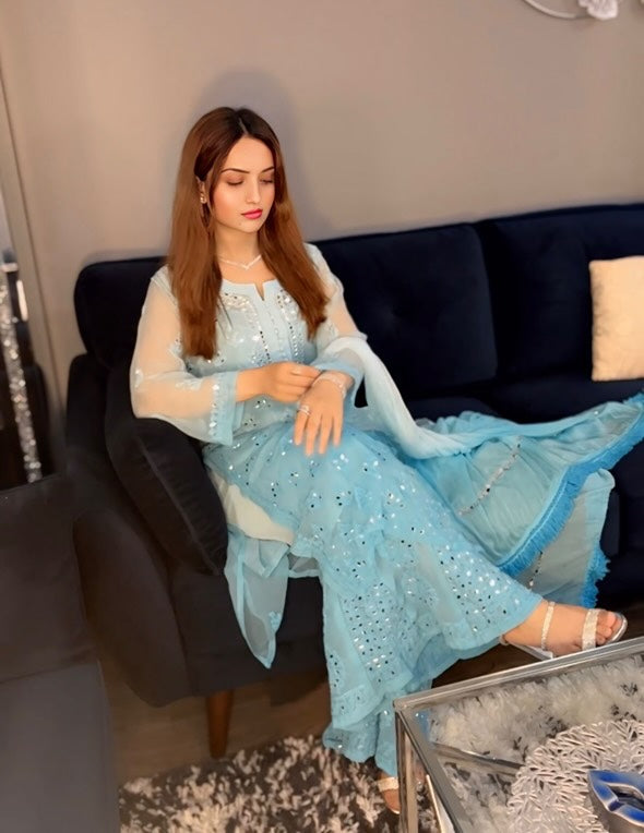 Marina Aqua blue Ombré Georgette Lucknow Chikankari Mirror Sharara Set