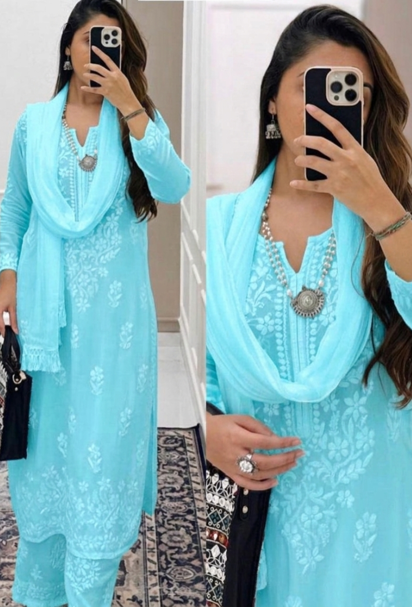 Classic Aqua Blue Ethereal Dyeable Modal Chikankari Kurta Set (New)