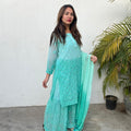 Aqua Green Chikankari Elegance Ombré Mirror Booti Jaal Set - Kurti, Sharara ,Dupatta & Inner