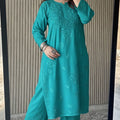 Aqua Green Lucknow Chikankari Rayon Kurta Palazzo Co-ord Set with Tone-to-Tone Hand Embroidery Plus Size