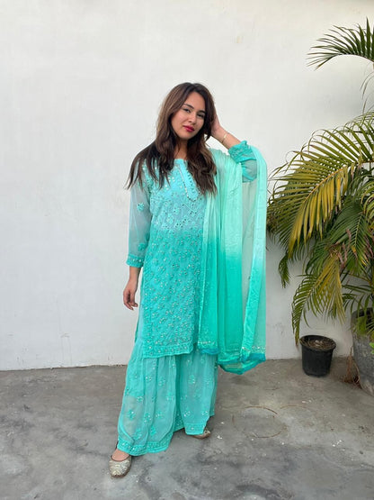 Aqua Green Chikankari Elegance Ombré Mirror Booti Jaal Set - Kurti, Sharara ,Dupatta & Inner