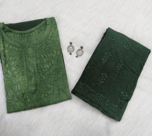 Army Green Elegance Unveiled Modal Chikankari Ensemble - Inayakhan Shop 