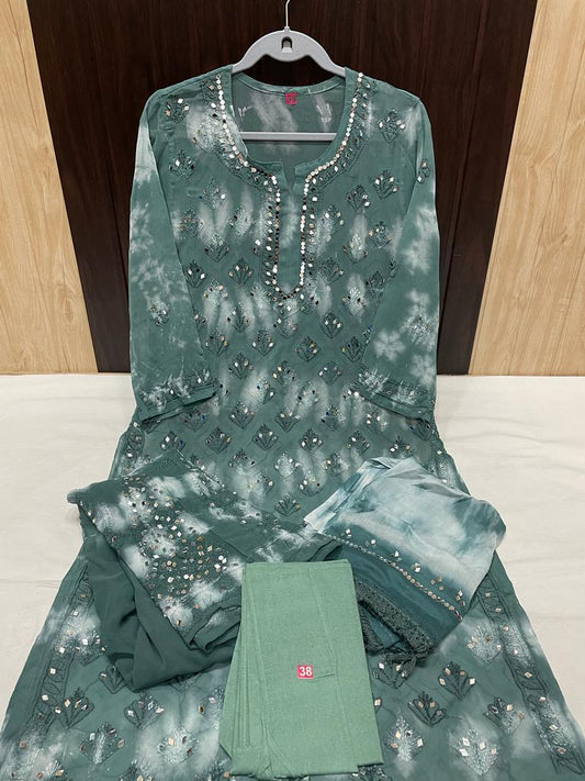 Army Green Groovy Reflections Tie Dye 3-Piece Chikankari Mirror Set with Inner Delight - Inayakhan Shop 