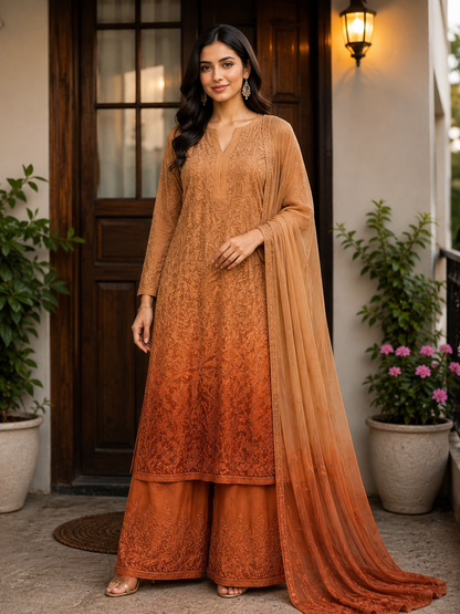 Burnt Orange Viscose Resham Mukesh Jaal Kurti Palazzo Set with Dupatta