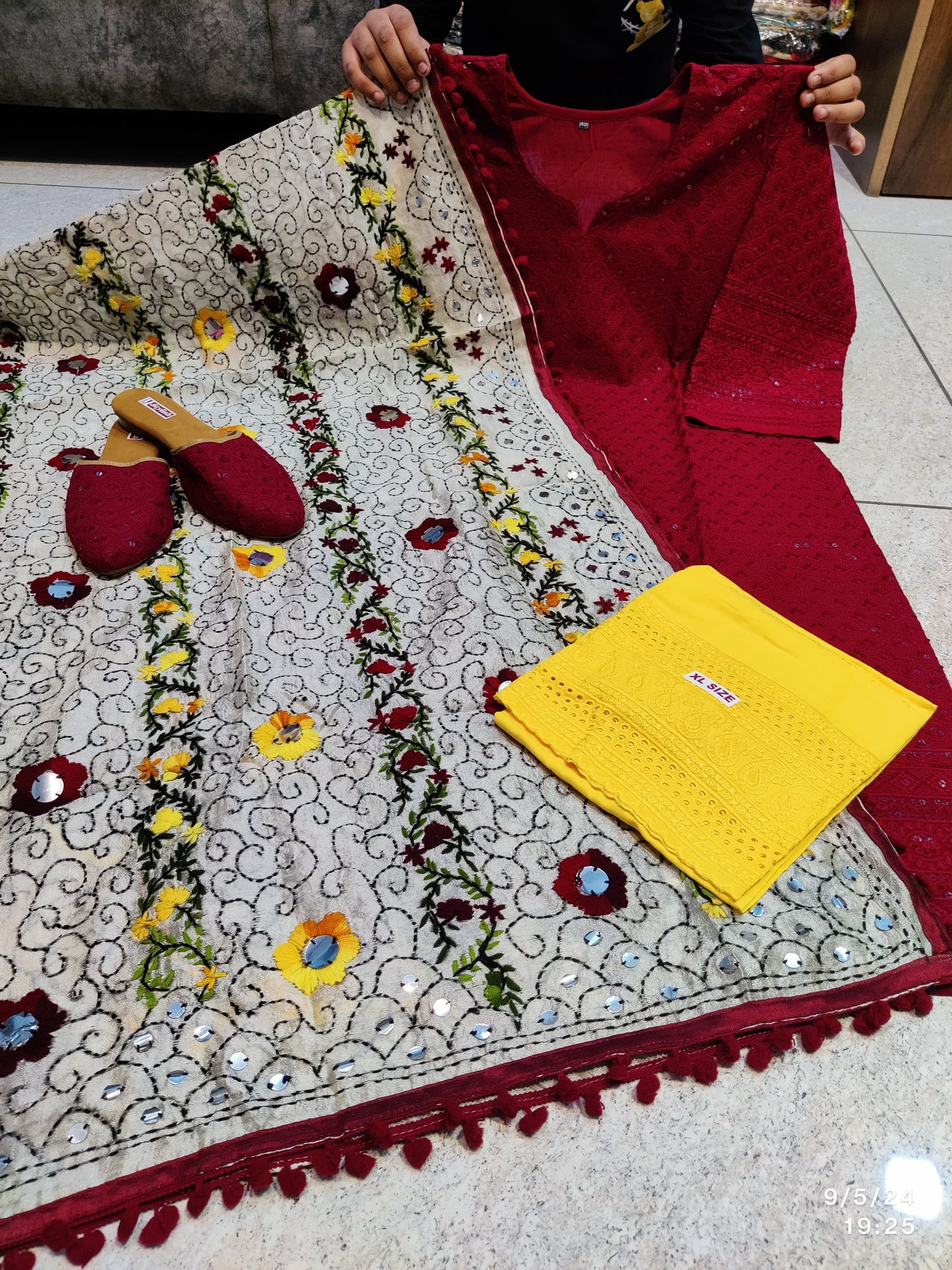 Maroon Yellow 4-Piece Punjabi Kurta Salwar Set with Phulkari Mirror Work Dupatta and Jutti