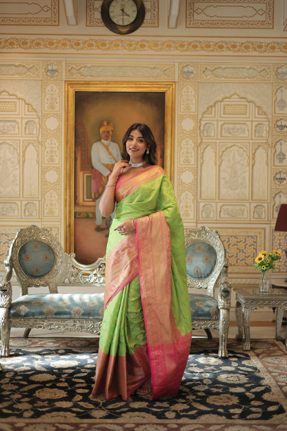 Green and Pink Eternal Elegance Kanjivaram Silk Saree Set