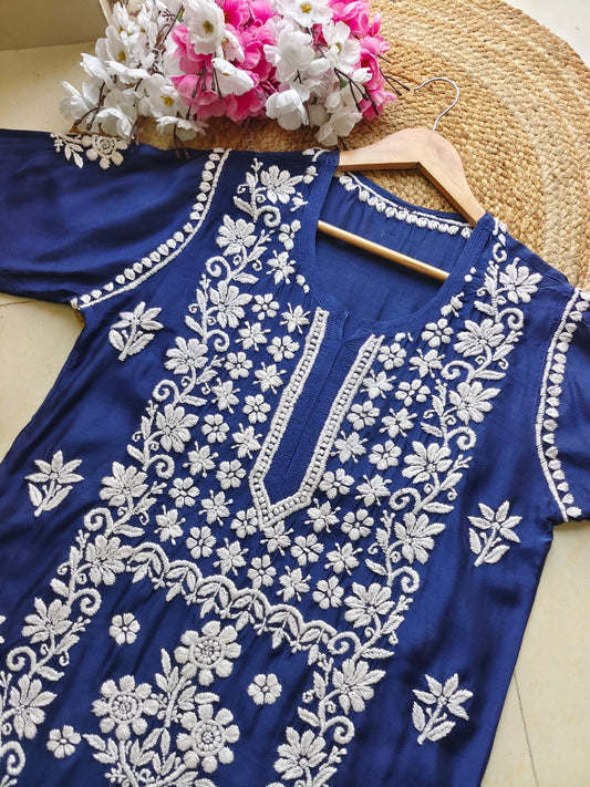 Blue Pure Muslin 3D Work Lucknow Chikankari Kurta