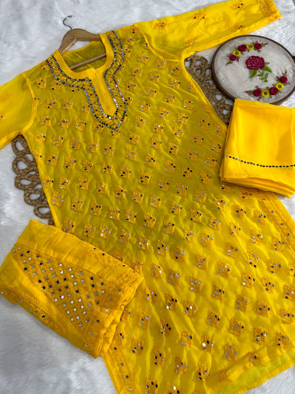 Yellow Lucknow Chikankari Mirror Work 3-Piece Sharara Set