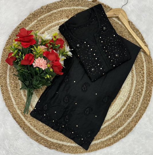 Black Lucknowi Chikankari Ghass Patti Work Chanderi Kurti & Palazzo Set with Mukesh and Moti Work