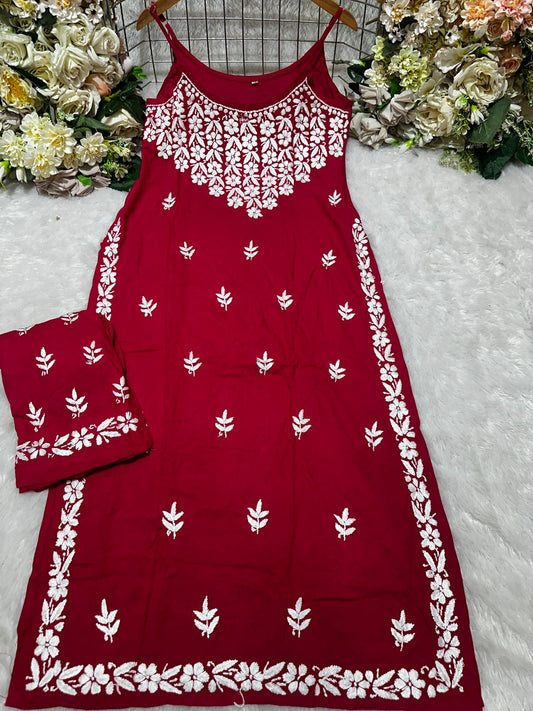 Red Lucknow Chikankari Strappy Kurti and Pant Co-ord Set (Limited Stock)