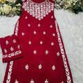 Red Lucknow Chikankari Strappy Kurti and Pant Co-ord Set (Limited Stock)