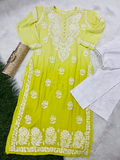 Green Designer Muslin Kurti Quraishiya Button Lucknow Chikankari Pant Set