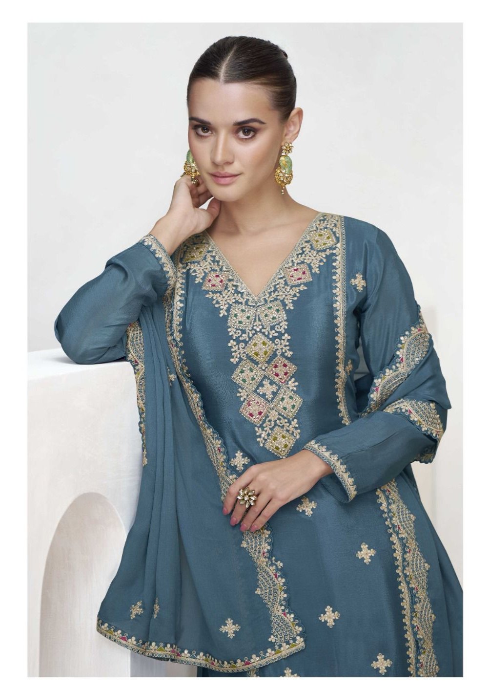 Teal Blue Premium Chinnon Silk Party Wear Kurta Palazzo Dupatta Set