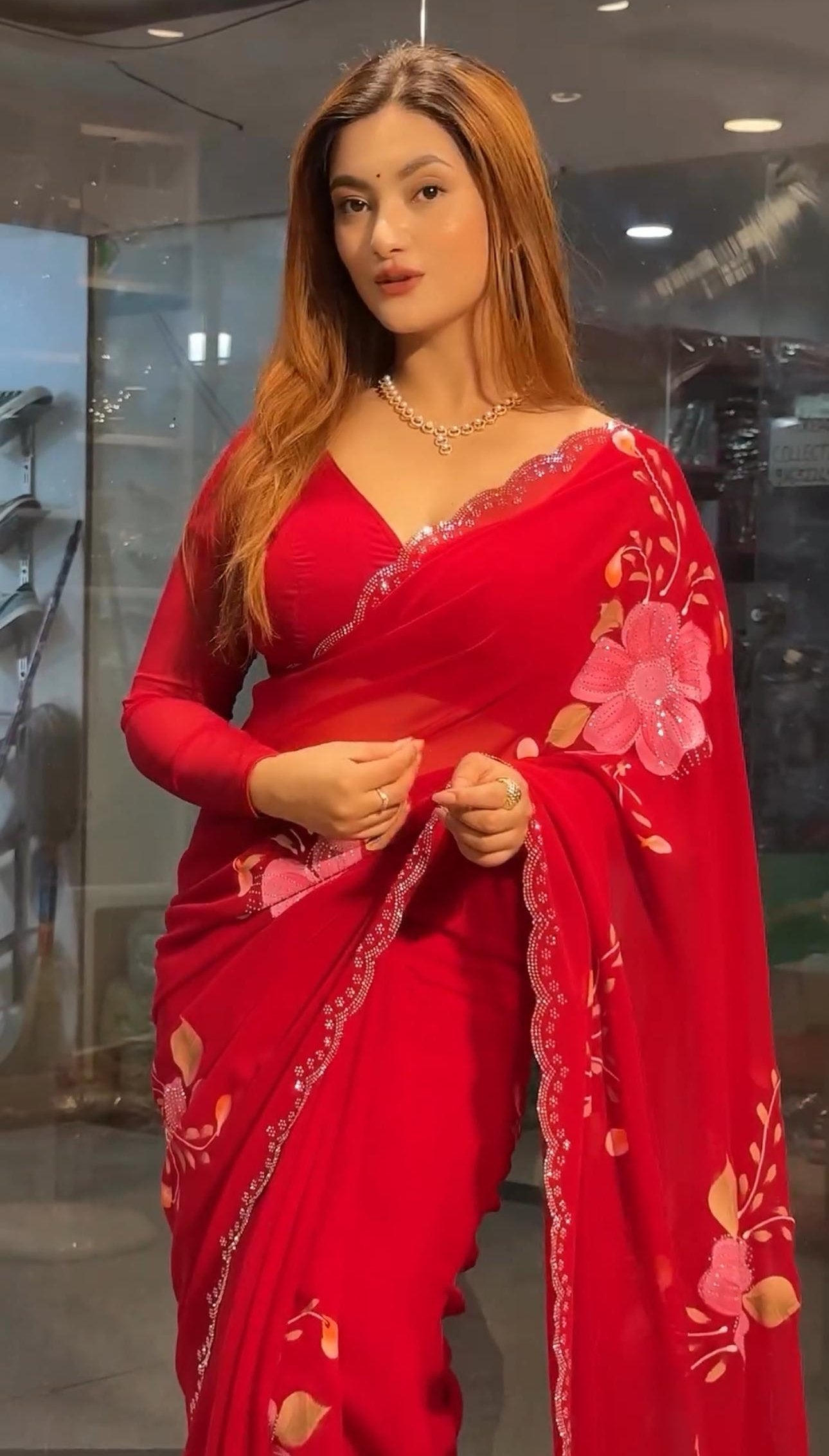 Radiant Red Party Wear Swarovski work Georgette Saree with Blouse Set