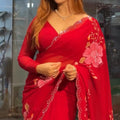 Radiant Red Party Wear Swarovski work Georgette Saree with Blouse Set
