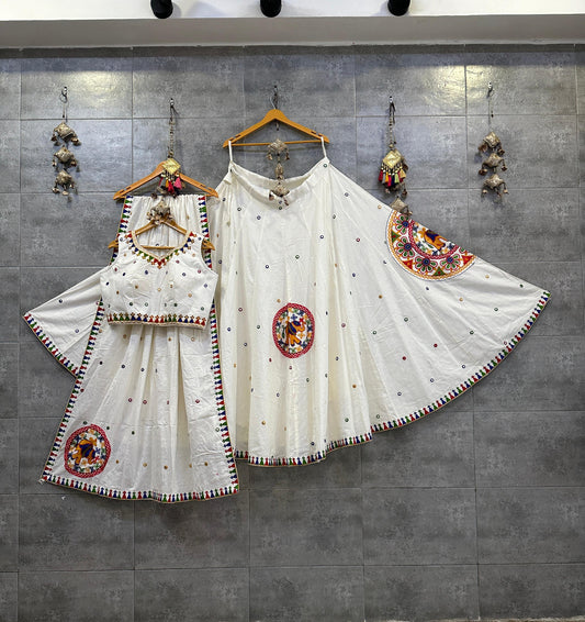 White Pure Khadi Cotton Aari Work Navratri Chaniya Choli for Garba Dandiya