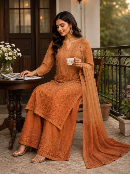 Burnt Orange Viscose Resham Mukesh Jaal Kurti Palazzo Set with Dupatta