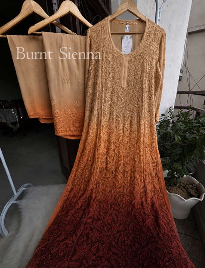 Burnt Orange Viscose Resham Mukesh Jaal Kurti Palazzo Set with Dupatta