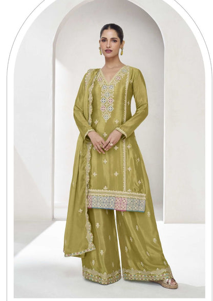 Green Premium Chinnon Silk Party Wear Kurta Palazzo Dupatta Set