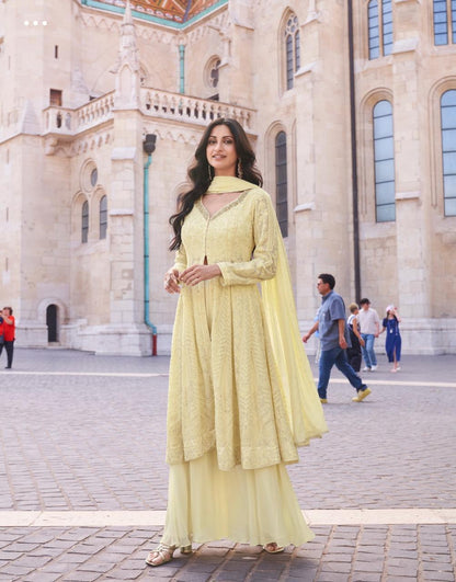 Pastel Yellow Elegant Front Slit Chikan Work Salwar Kameez Suit with Dupatta