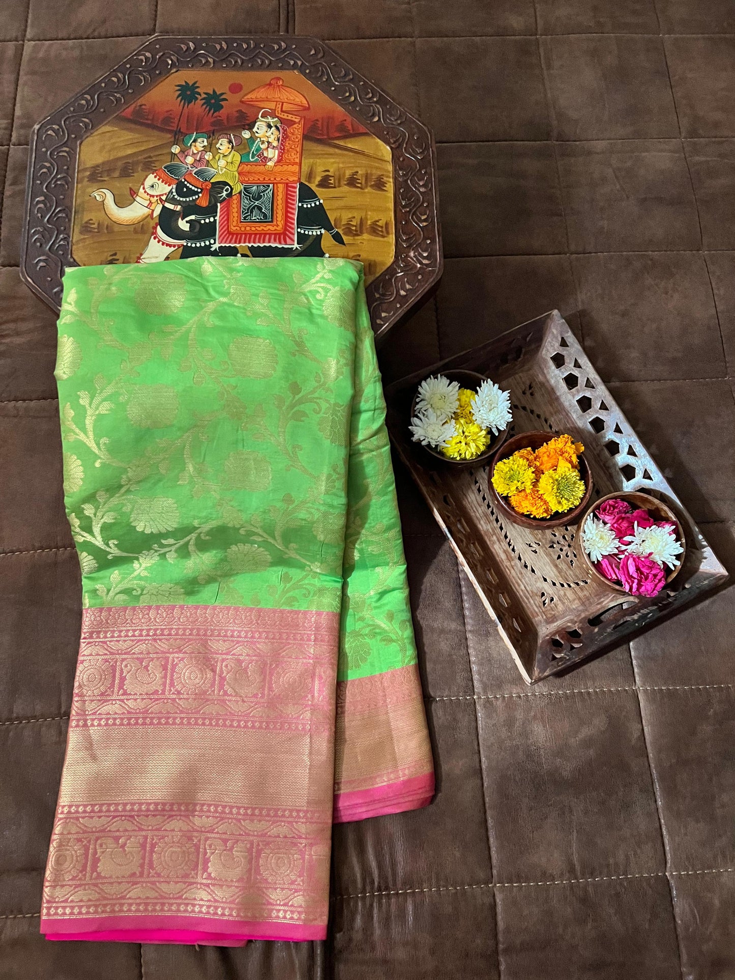 Green and Pink Eternal Elegance Kanjivaram Silk Saree Set